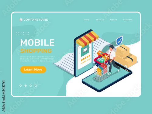 Isometric Mobile Shopping. Online shop landing page illustration template