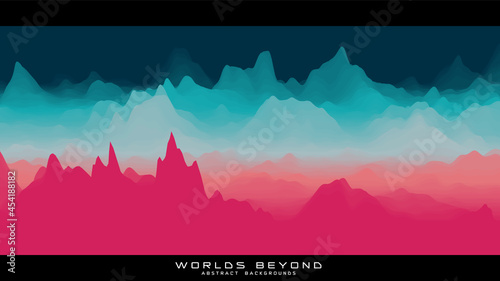 Abstract colorful landscape with misty fog till horizon over mountain slopes. Gradient eroded terrain surface. Worlds beyond.