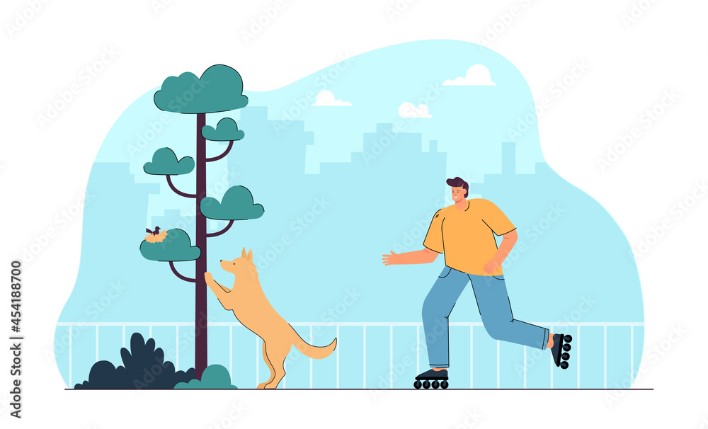 Cartoon dog owner on roller skates in park. Puppy looking at bird nest in tree flat vector illustration. Outdoor activity, healthy lifestyle, pets concept for banner, website design or landing page