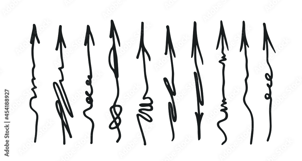 Hand drawn doodle arrows set. Scribble sketch navigation symbols. Curve arrow pointers isolated on white background.