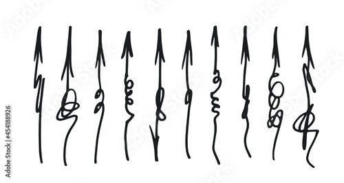 Set of hand drawn doodle arrows. Scribble sketch navigation symbols. Curve arrow pointers isolated on white background.