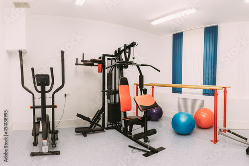 Room With Modern Exercise Equipment. Fitness Center Interior. Panorama. Panoramic View