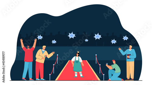 Paparazzi taking photos of girl in crown standing on red carpet. Young celebrity or actress and male fans flat vector illustration. Success, lifestyle concept for website design or landing web page