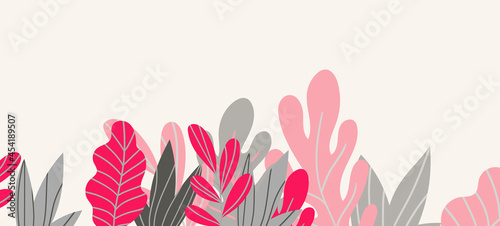 Floral web banner with drawn color exotic leaves. Nature concept design. Modern floral compositions with summer branches. Vector illustration on the theme of ecology, natura, environment