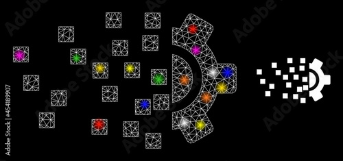 Glossy mesh synthesis gear glare icon with light spots. Illuminated vector model is created from synthesis gear icon. Sparkle carcass polygonal synthesis gear on a black background.