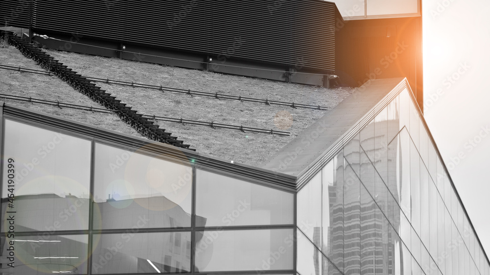 Fototapeta premium Modern architectural details. Modern glass facade with a geometric pattern. Contemporary corporate business architecture. Red sun on horizon. Black and white toned image.