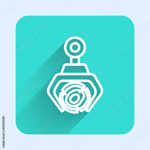 White line Grapple crane grabbed a log icon isolated with long shadow background. Forest industry. Industrial crane for lumber trunk wood production. Green square button. Vector