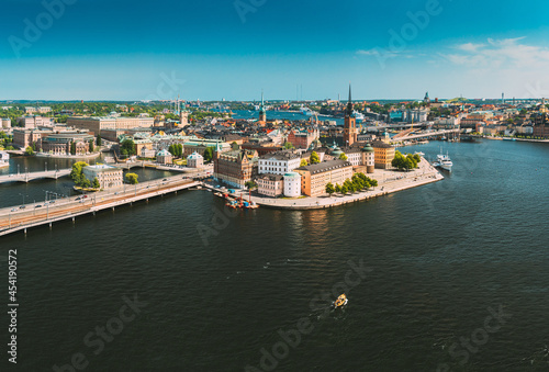 Stockholm, Sweden. Scenic View Of Stockholm Skyline At Sunny Summer Day. Famous Popular Destination Scenic Place. Riddarholm Church In Panorama Panoramic View