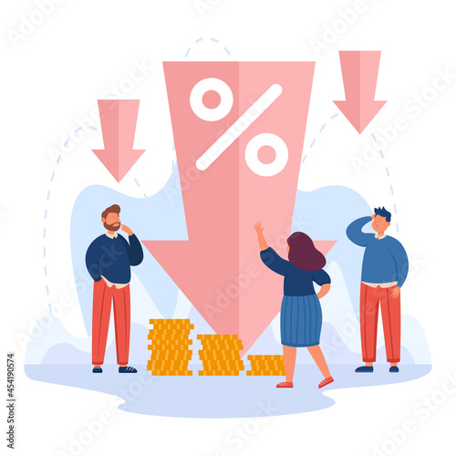 Tiny people next to down arrow with percentage symbol. Cost reduction, low price or profit, financial decrease flat vector illustration. Economy, crisis concept for website design or landing web page