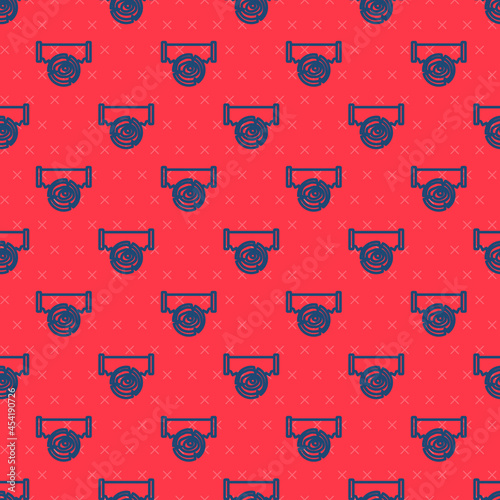 Blue line Two-handed saw and log icon isolated seamless pattern on red background. Vector