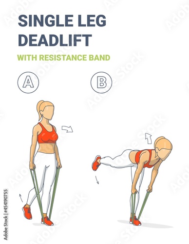 Girl Doing Single Leg Deadlift Home Workout Exercise with Resistance Band or Rubber Loop Guidance.