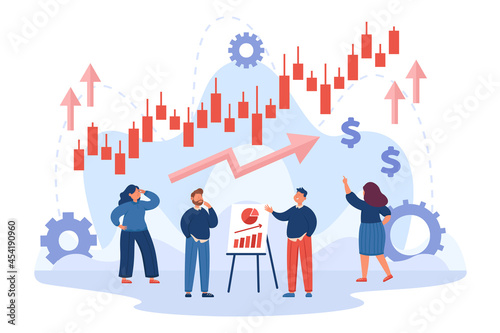 Company characters analyzing business performance or progress. Stock market growth candlestick chart, forex trading flat vector illustration. Economy, finances, promotion concept for website design