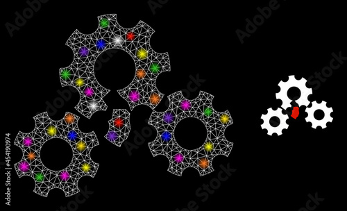 Glossy network broken gear mechanism glare icon with lightspots. Illuminated vector model based on broken gear mechanism pictogram. Sparkle frame mesh broken gear mechanism on a black background.