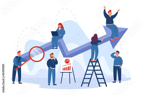 Team of cartoon office people with business plan and up arrow. Performance boost, company progress report flat vector illustration. Success, teamwork, promotion concept for banner or landing web page