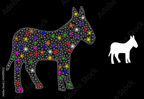 Flare mesh donkey constellation icon with lightspots. Illuminated vector model based on donkey picture. Sparkle carcass mesh donkey on a black background. Wire carcass flat mesh in vector format.