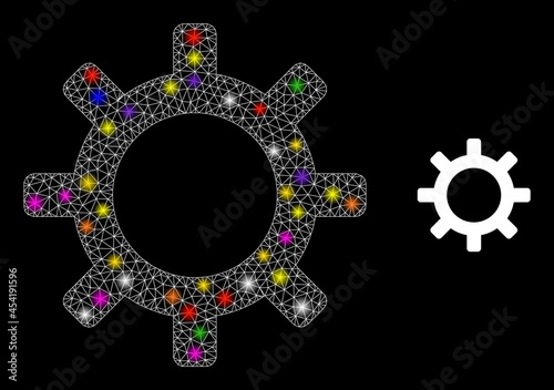 Flare net gearwheel constellation icon with light spots. Illuminated vector constellation based on gearwheel picture. Sparkle carcass mesh gearwheel on a black background.