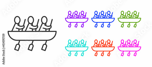 Black line Canoe rowing team sports icon isolated on white background. Three athletes with oars rowing in boat. Teamwork concept. Set icons colorful. Vector