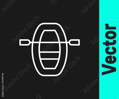 White line Boat with oars icon isolated on black background. Water sports, extreme sports, holiday, vacation, team building. Vector
