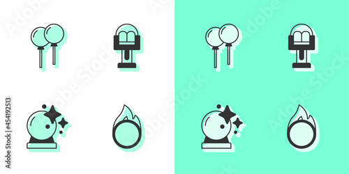 Set Circus fire hoop, Balloons with ribbon, Magic ball and Attraction carousel icon. Vector