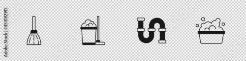 Set Handle broom, Mop bucket, Industry metallic pipe and Basin with soap suds icon. Vector