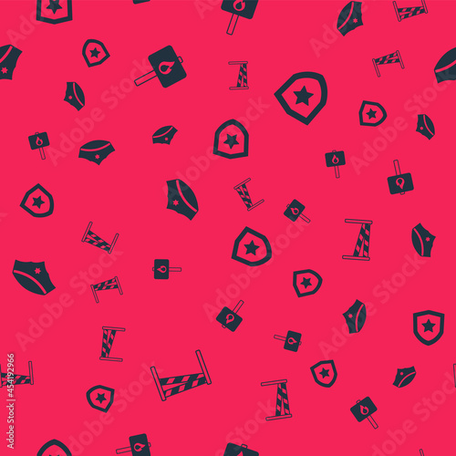 Set Crime scene, Protest, Police cap with cockade and badge on seamless pattern. Vector