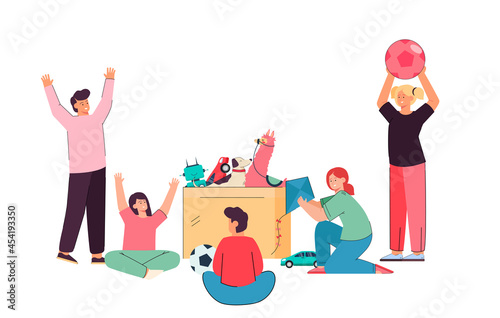 Kids of different age playing with box full of toys. Flat vector illustration. Cartoon boys, girls having fun with kite, ball, toy robot, cars on white background. Playtime, friendship, game concept
