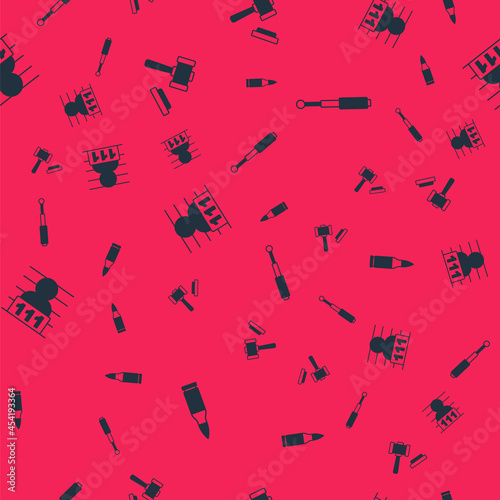 Set Bullet, Judge gavel, Suspect criminal and Telescopic baton on seamless pattern. Vector