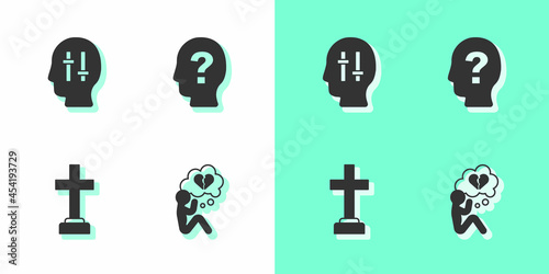 Set Broken heart or divorce, Solution to the problem, Graves funeral sorrow and Head with question mark icon. Vector