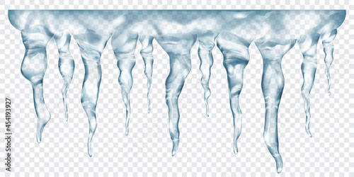 Group of translucent gray realistic icicles of different lengths, connected at the top, isolated on transparent background. Transparency only in vector format