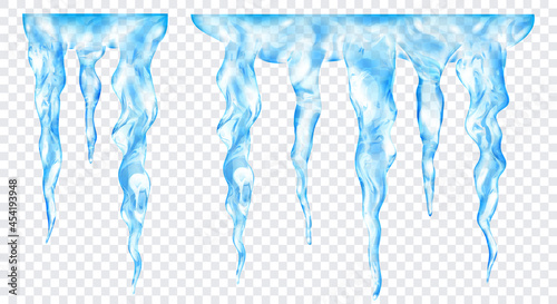 Group of translucent light blue realistic icicles of different lengths, connected at the top, isolated on transparent background. Transparency only in vector format