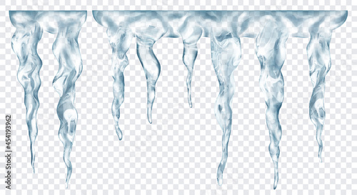 Group of translucent gray realistic icicles of different lengths, connected at the top, isolated on transparent background. Transparency only in vector format