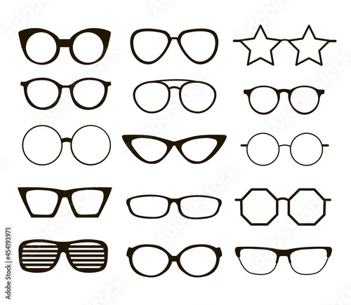 Set of black eyeglasses of different shapes. Cartoon vector illustration. Old, cool, medical, hipster glasses frames isolated on white background. Style, view, image concept for banner design
