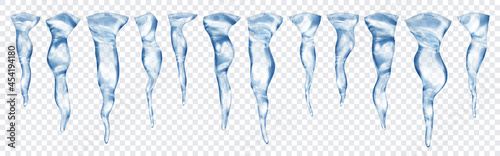 Set of translucent realistic gray icicles of different lengths on transparent background. Transparency only in vector format