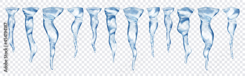 Set of translucent realistic gray icicles of different lengths on transparent background. Transparency only in vector format