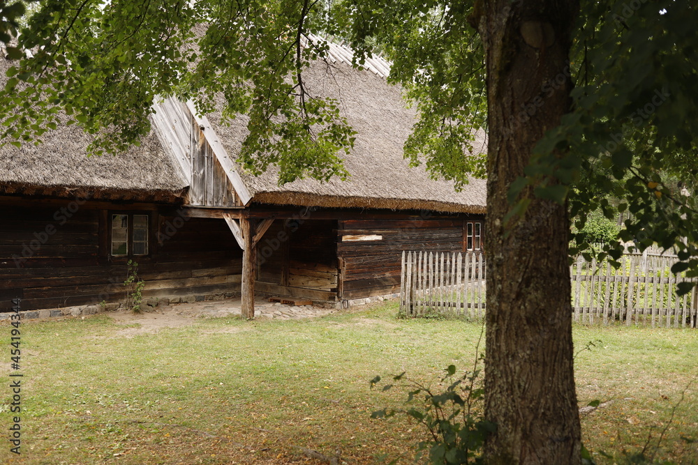 Chata drewniana rustykalna na wsi latem - obrazy, fototapety, plakaty 