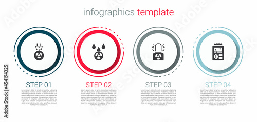 Set Radiation electrical plug, Acid rain and radioactive cloud, Radioactive warning lamp and Dosimeter. Business infographic template. Vector