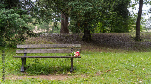 Bouquet of roses, white and pink, abandoned on a wooden bench, in the middle of a park, on a rainy day, close up 