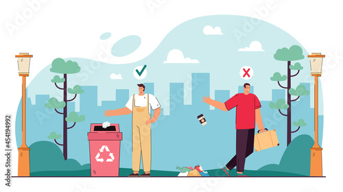 Contrasting behavior of people throwing out trash. Flat vector illustration. Man throwing garbage on street past can and guy disposing of litter correctly. Environment, pollution, ecology concept