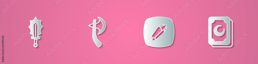 Set paper cut Magic sword in fire, Wooden axe, stone and Tarot cards icon. Paper art style. Vector