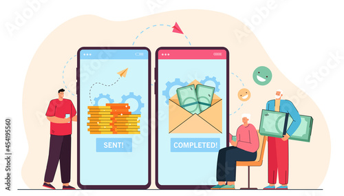 Adult son sending money to elderly parents online. Flat vector illustration. Giant smartphones with bank app and tiny people transferring money via Internet. Family, payment, care, money concept