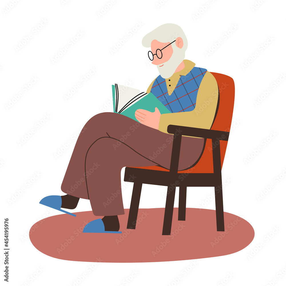 Elderly man with a beard sits in a chair and reads a book, vector illustration in cartoon flat style