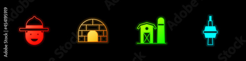 Set Canadian ranger hat, Igloo ice house, Farm and TV CN Tower in Toronto icon. Vector