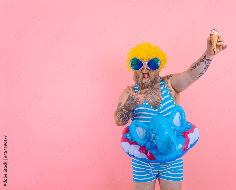 Fat man with beard and wig eats an icecream Fat man with beard and wig eats an icecream