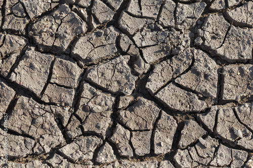 Dry and hot summers dry, cracked soil. The texture of the earth during drought. View from the top. The global shortage of water on the planet. Global warming and greenhouse effect concept.