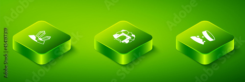Set Isometric Mine entrance, Giant magnet holding iron dust and Gem stone icon. Vector
