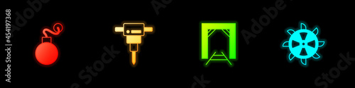 Set Bomb, Construction jackhammer, Mine entrance and Bucket wheel excavator icon. Vector