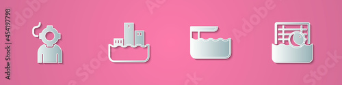 Set paper cut Aqualung, Winner podium, Diving board or springboard and Water polo icon. Paper art style. Vector