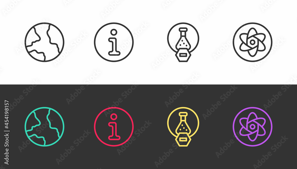 Set line Worldwide, Information, Test tube and flask and on black and white. Vector