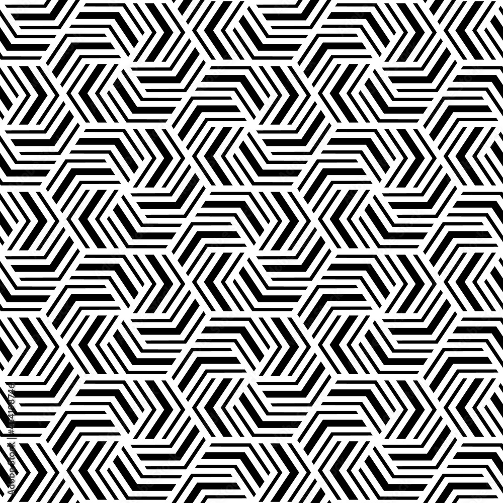 Geometric seamless pattern. Abstract geometry background. Repeated black and white texture. Geometrical printed. Repeating geo line pattern. Hexagon printing for design prints. Vector illustration Geometric seamless pattern. Abstract geometry background. Repeated black and white texture. Geometrical printed. Repeating geo line pattern. Hexagon printing for design prints. Vector illustration
