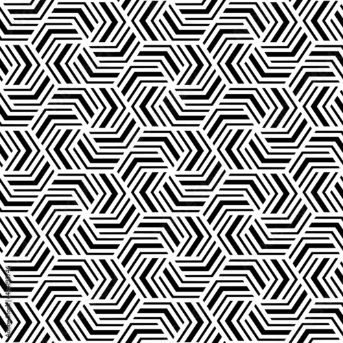 Geometric seamless pattern. Abstract geometry background. Repeated black and white texture. Geometrical printed. Repeating geo line pattern. Hexagon printing for design prints. Vector illustration